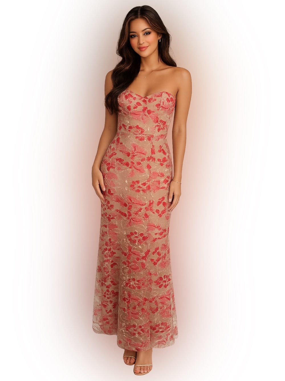 Speechless Strapless Floral Embroidered Maxi Dress Size 5 Beige Red Formal - Picture 1 of 4